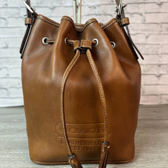 Vintage Coach Shoulder Bag Drawstring Leather Logo Bucket Bag Brown 7554 - Picture 2 of 7